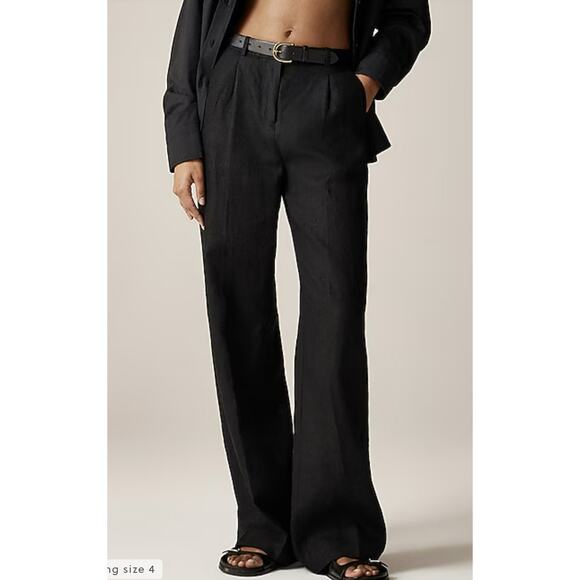 J.Crew New Essential Wide-Leg Pants WMNS 2 Black BW528 High Rise 100% Linen Zip - Picture 1 of 8